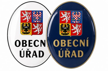 Smaltovaný ovál se státním znakem a názvem instituce